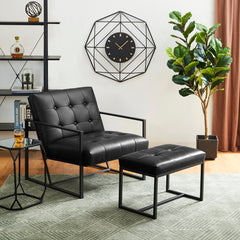 Armchair and Ottoman, Set of 2, Black Faux Leather with Metal Frame