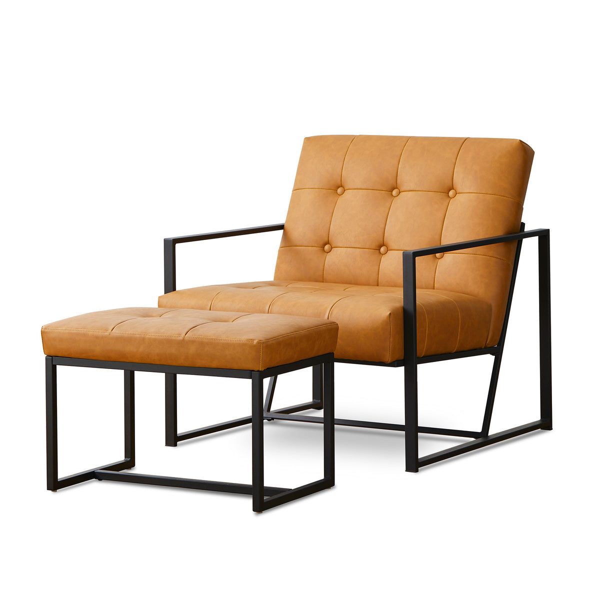 Armchair and Ottoman Set, Tufted Brown Faux Leather with Black Metal Legs
