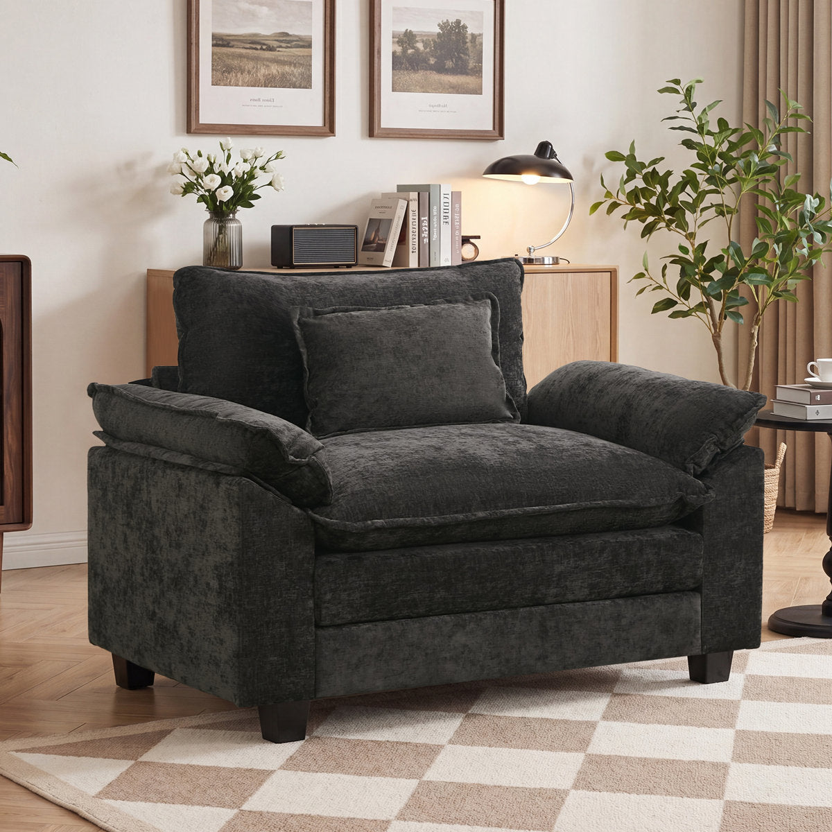 Armchair, Black Chenille, Solid and Manufactured Wood Frame, Black Legs