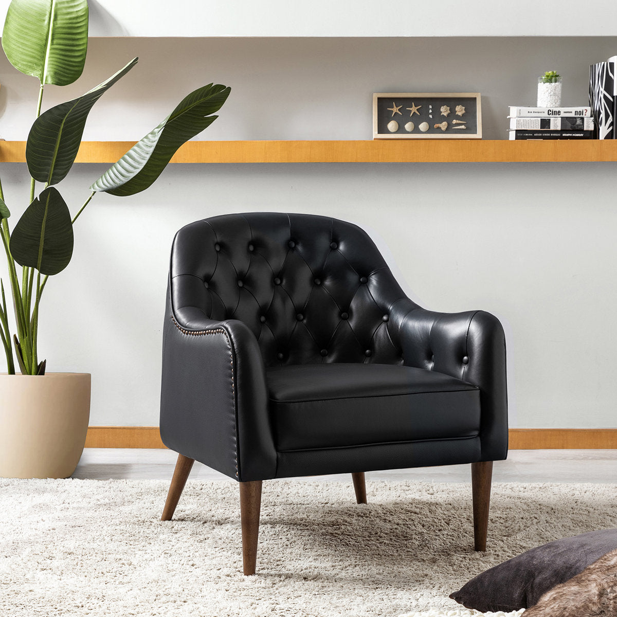 Armchair, Black Genuine Leather, Brown Wood Legs
