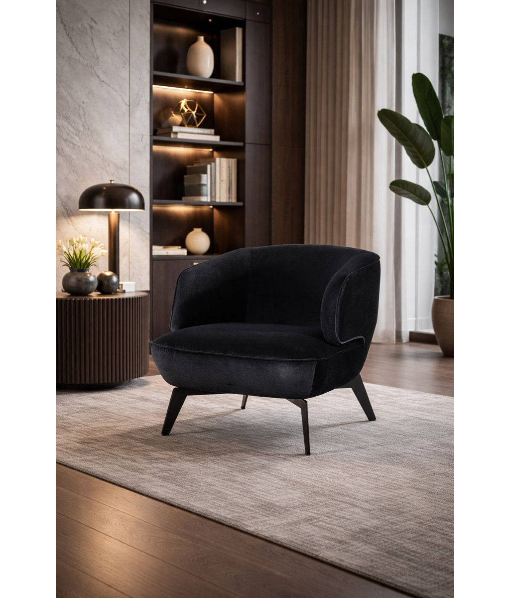 Armchair, Black Velvet Upholstery, Metal Frame
