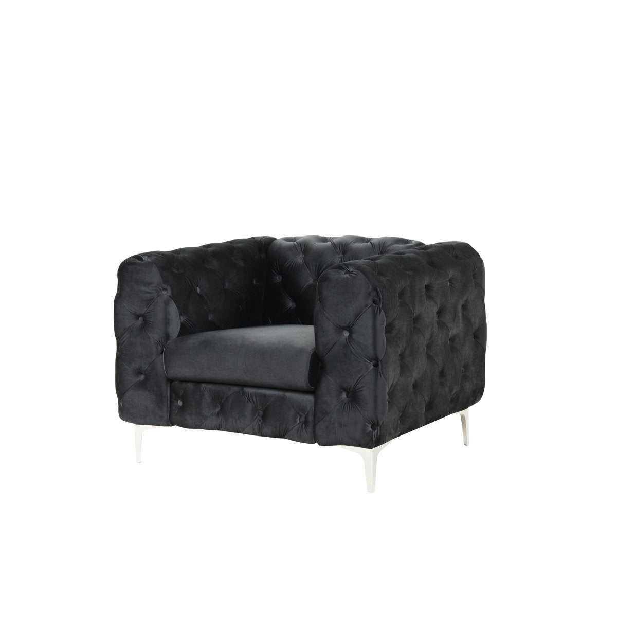 Armchair, Black Velvet Upholstery, Silver Metal Legs