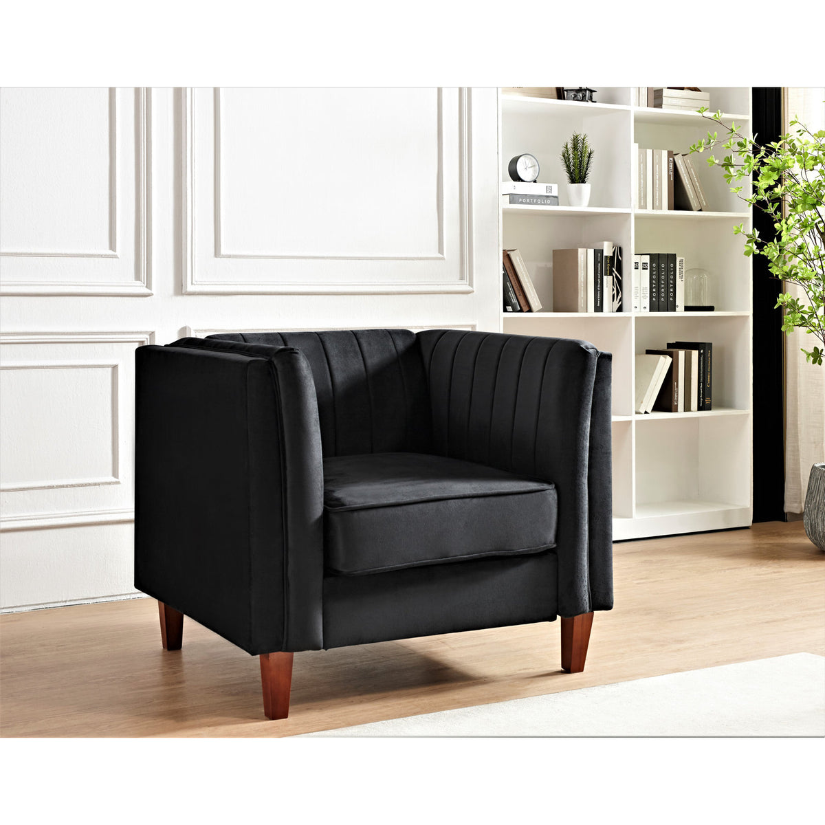 Armchair, Black Velvet Upholstery with Brown Solid Wood Legs