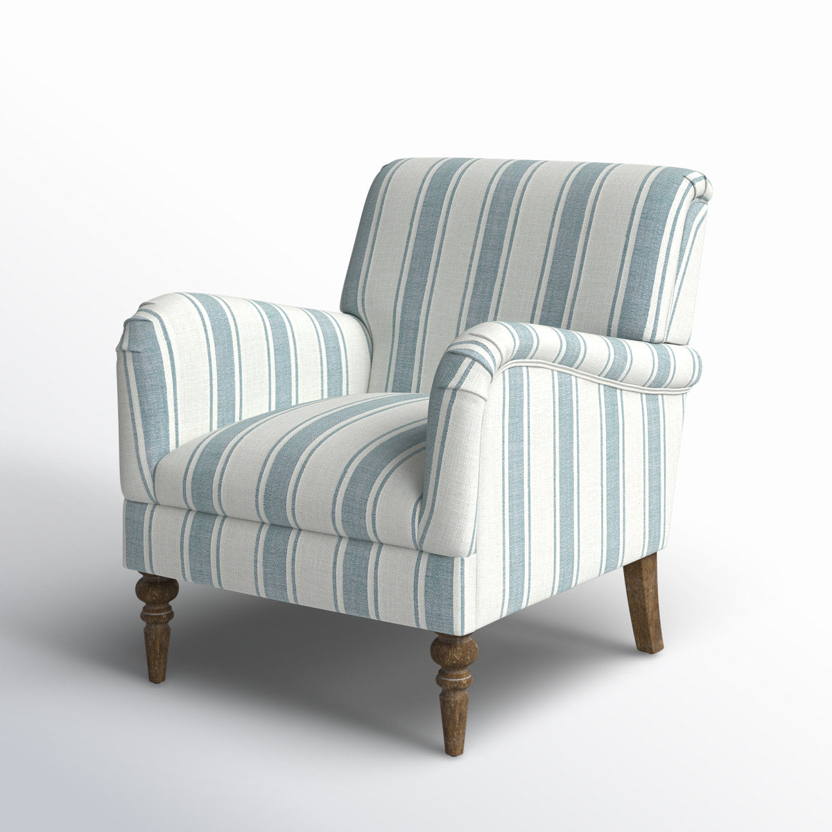 Armchair, Blue Striped Polyester with Light Brown Legs
