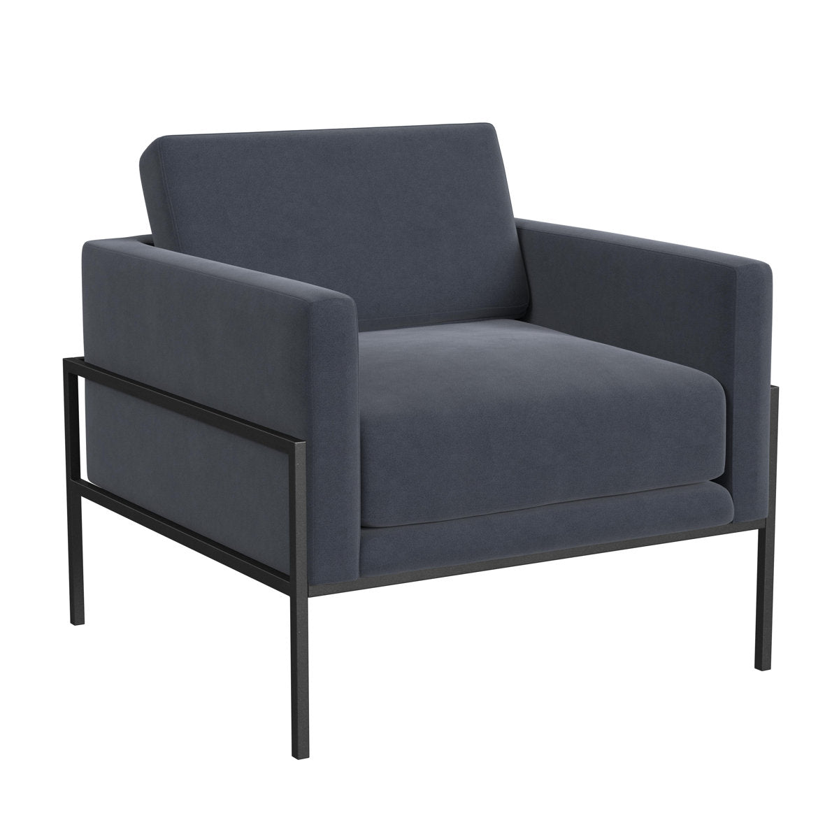 Armchair, Blue Velvet, Metal Frame, Black Metal Legs