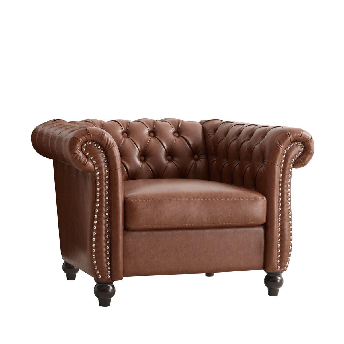 Armchair, Brown Faux Leather, Tufted Back, Dark Brown Turned Legs