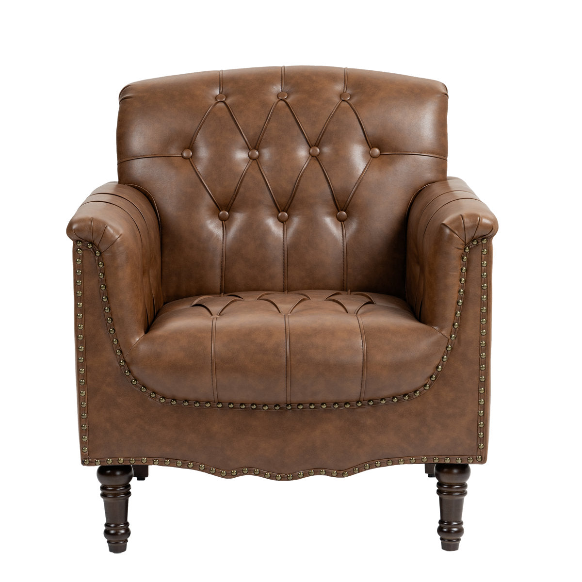 Armchair, Brown Faux Leather with Dark Brown Wood Legs