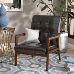 Armchair, Brown Faux Leather with Solid Wood Frame