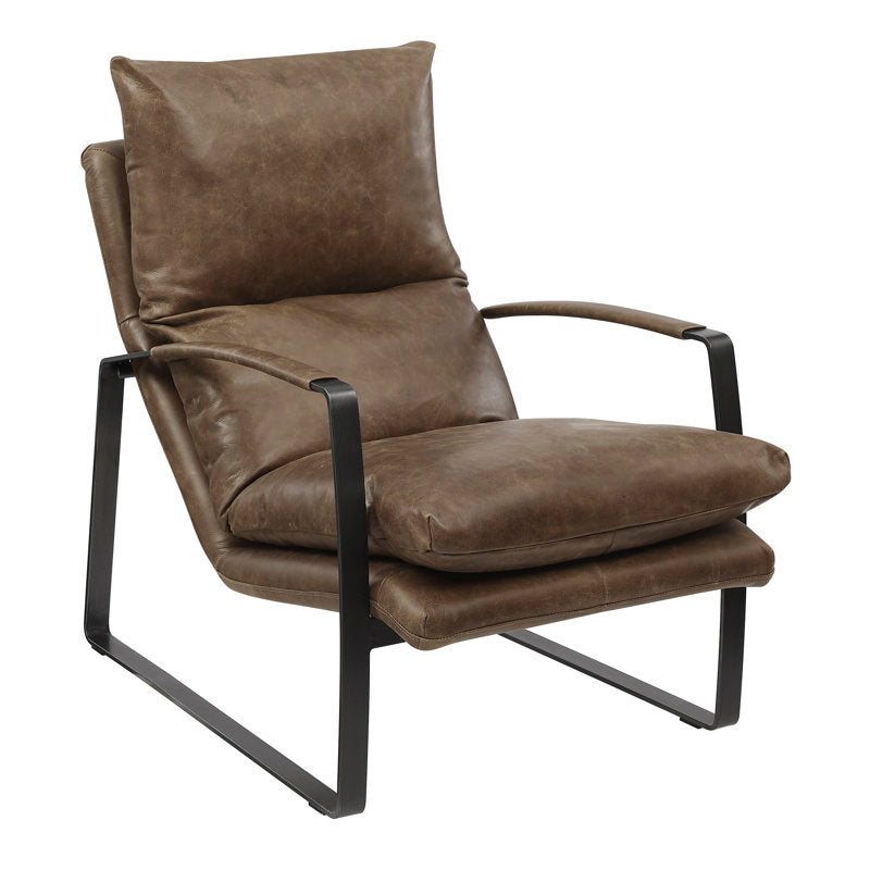 Armchair, Brown Genuine Leather with Black Metal Legs