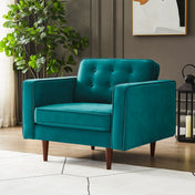 Armchair, Button-Tufted Teal Velvet with Walnut Finish Wood Legs