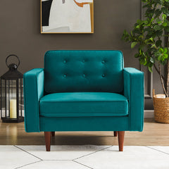 Armchair, Button-Tufted Teal Velvet with Walnut Finish Wood Legs
