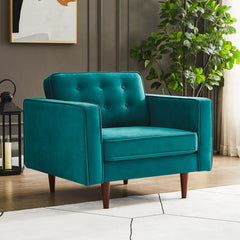 Armchair, Button-Tufted Teal Velvet with Walnut Finish Wood Legs
