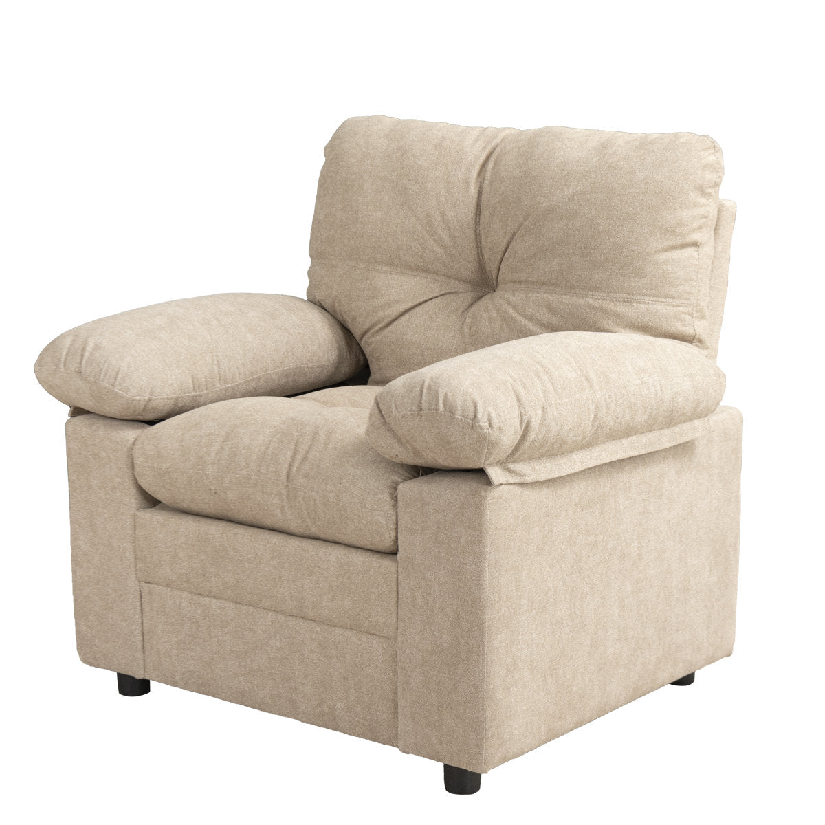 Armchair, Camel Cotton, Tufted, Solid Wood Frame