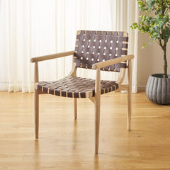 Armchair, Cognac Genuine Leather, Natural Sungkai Wood Legs