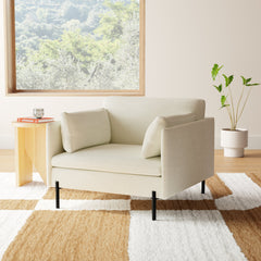Armchair, Cotton Upholstery with Square Arms and Black Metal Legs