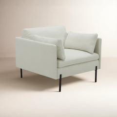 Armchair, Cotton Upholstery with Square Arms and Black Metal Legs