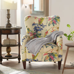 Armchair, Floral Print Linen Blend with Dark Brown Wood Legs