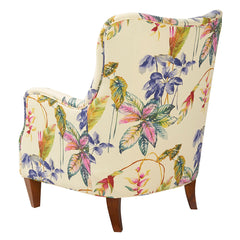 Armchair, Floral Print Linen Blend with Dark Brown Wood Legs
