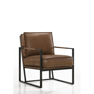 Armchair, Genuine Leather with Black Metal Legs in Mahogany