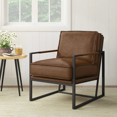 Armchair, Genuine Leather with Black Metal Legs in Mahogany