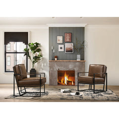 Armchair, Genuine Leather with Black Metal Legs in Mahogany