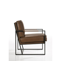 Armchair, Genuine Leather with Black Metal Legs in Mahogany