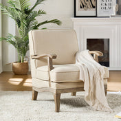 Armchair in Beige Basketweave Polyester with Turned Rubberwood Legs
