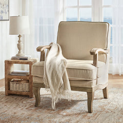 Armchair in Beige Basketweave Polyester with Turned Rubberwood Legs