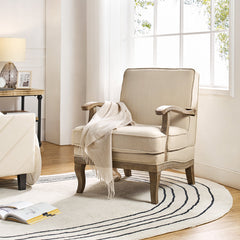 Armchair in Beige Basketweave Polyester with Turned Rubberwood Legs