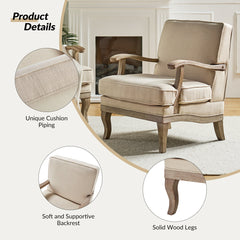 Armchair in Beige Basketweave Polyester with Turned Rubberwood Legs