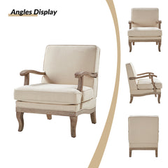 Armchair in Beige Basketweave Polyester with Turned Rubberwood Legs