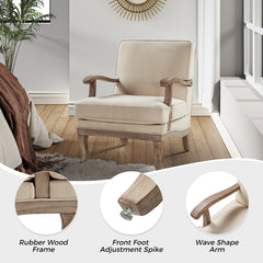 Armchair in Beige Basketweave Polyester with Turned Rubberwood Legs