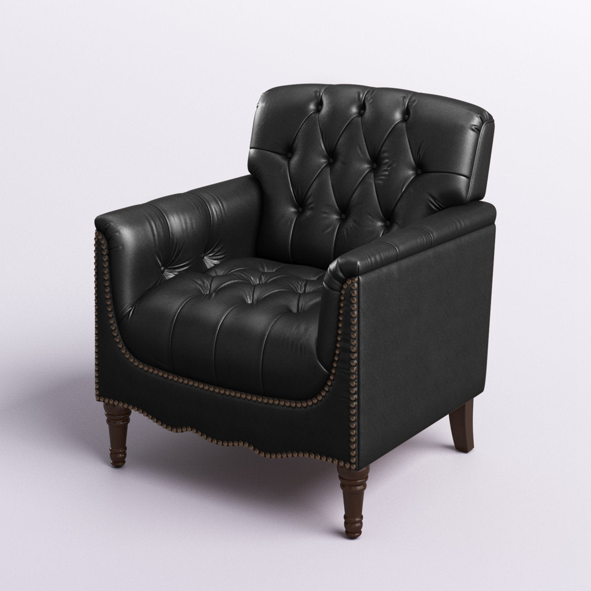 Armchair in Black Genuine Leather with Rubberwood Legs