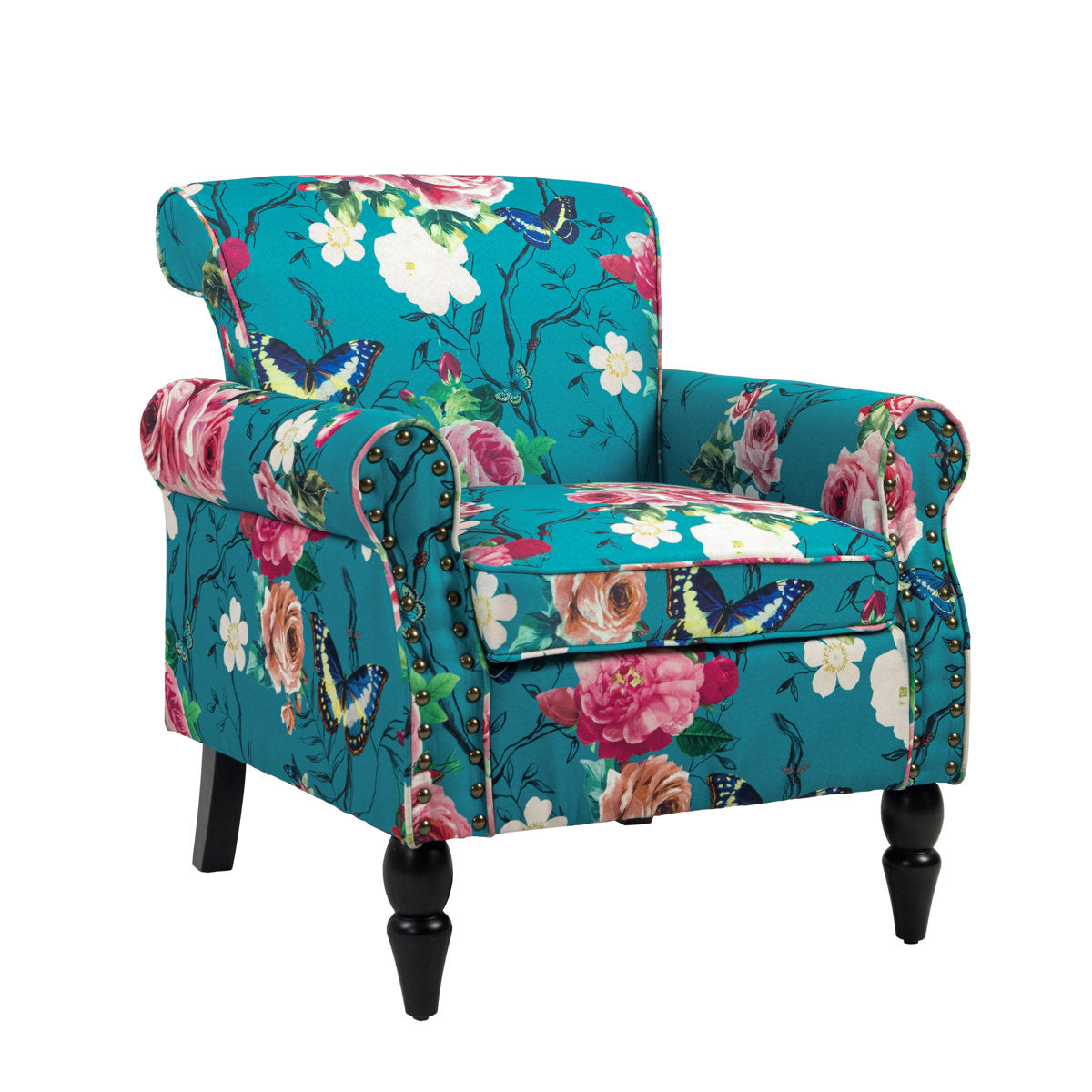Armchair in Blue Floral Linen Blend with Black Legs