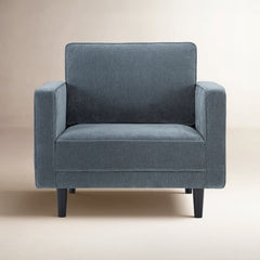 Armchair in Blue Performance Chenille with Matte Black Wood Legs