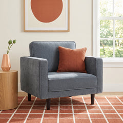 Armchair in Blue Performance Chenille with Matte Black Wood Legs