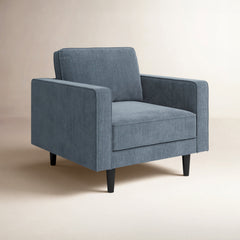 Armchair in Blue Performance Chenille with Matte Black Wood Legs