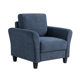 Armchair in Blue Polyester with Eucalyptus Frame and Black Legs