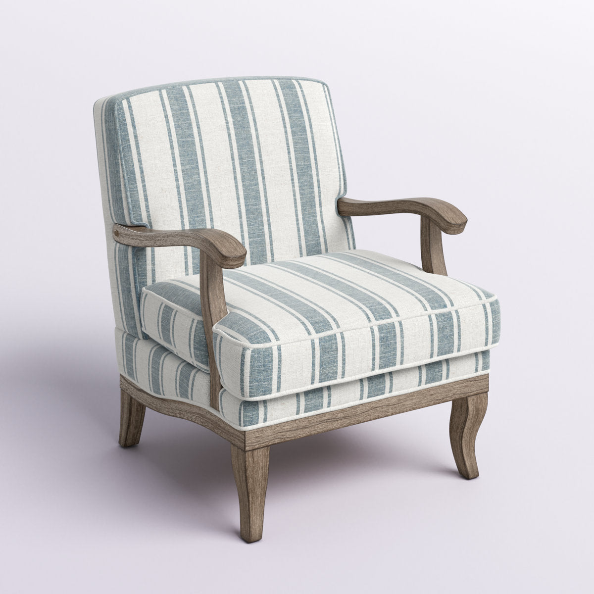 Armchair in Blue Striped Fabric with Brown Rubberwood Legs