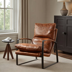 Armchair in Full Grain Leather with Black Metal Legs, Cognac