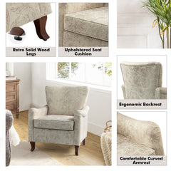 Armchair in Polyester Blend with Floral Pattern and Brown Wood Legs