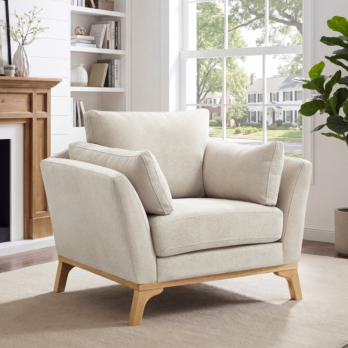Armchair in Smoke White Twill with Natural Wood Legs