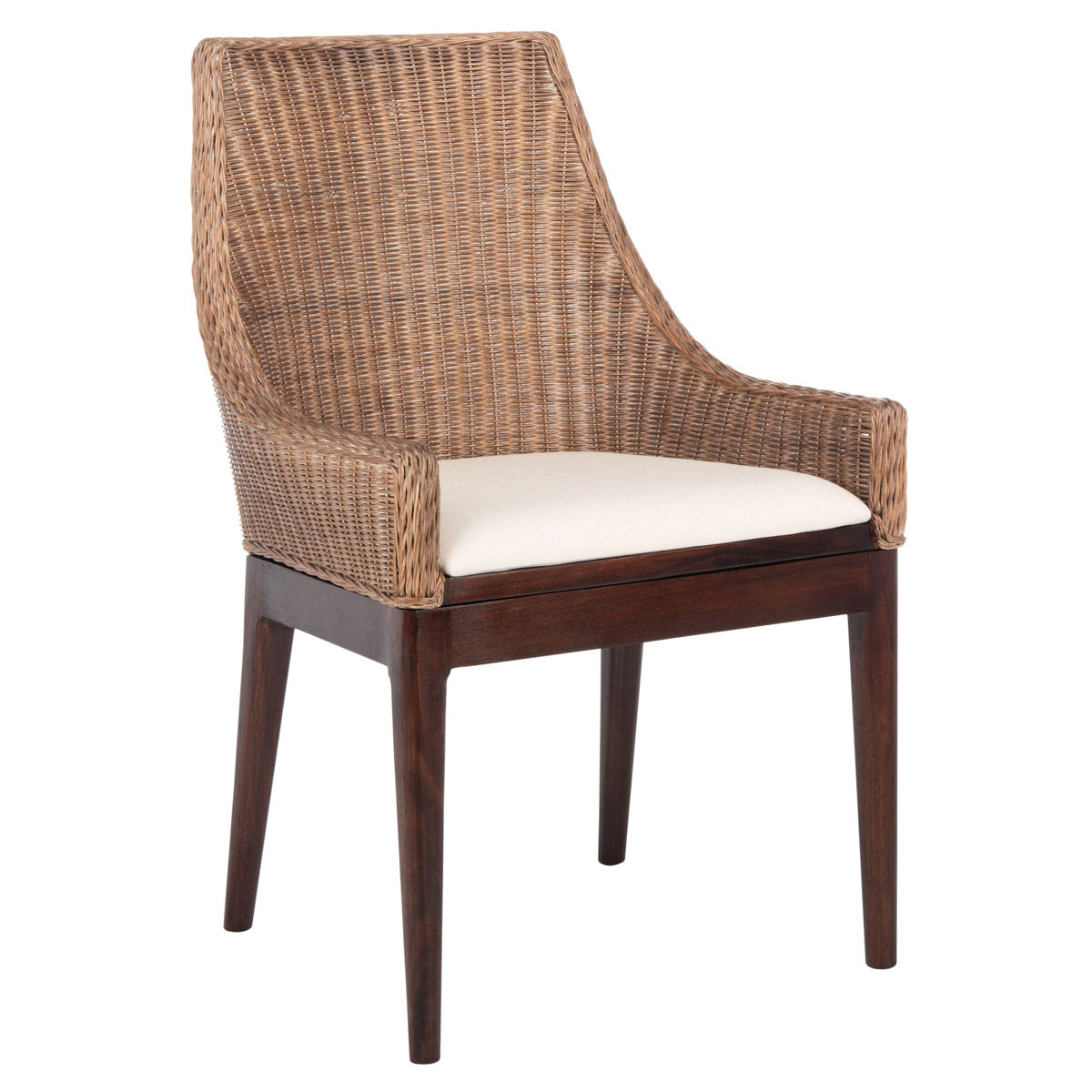 Armchair in White Cotton Upholstery with Brown Wicker Frame