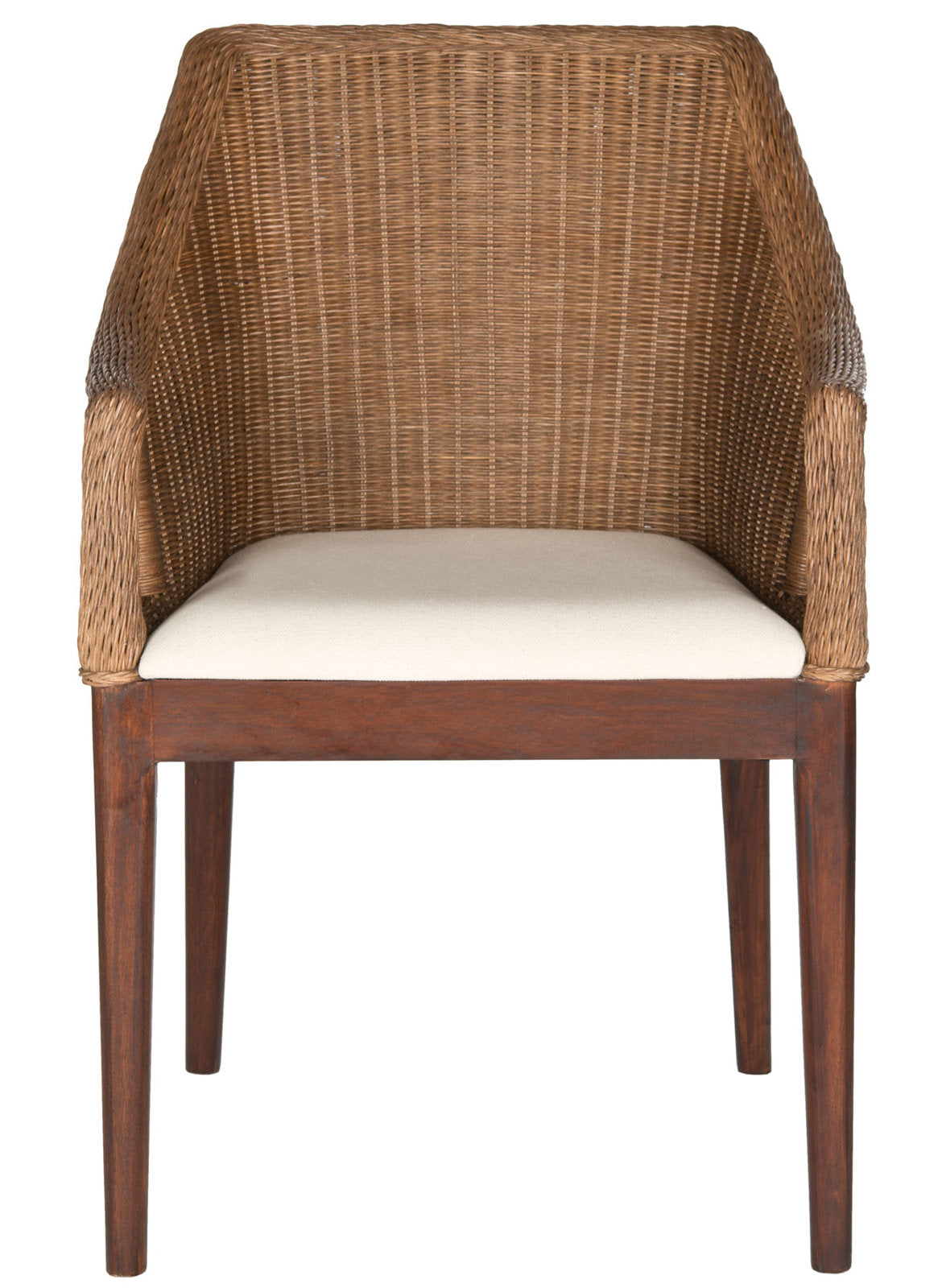 Armchair in Wicker with White Cushion and Brown Legs