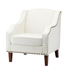 Armchair, Ivory Polyester Upholstery with Walnut Finish Legs