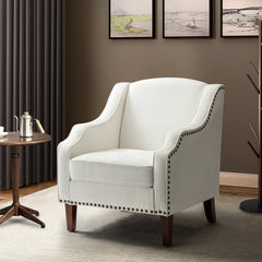 Armchair, Ivory Polyester Upholstery with Walnut Finish Legs