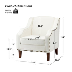 Armchair, Ivory Polyester Upholstery with Walnut Finish Legs