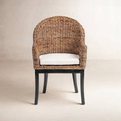 Armchair, Mahogany Frame, Rattan Back, Polyester Seat, Black and Natural