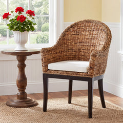 Armchair, Mahogany Frame, Rattan Back, Polyester Seat, Black and Natural