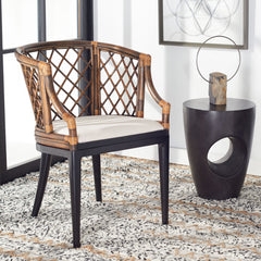 Armchair, Natural Wash Rattan, Black Solid Wood Legs, White Cotton Cushion